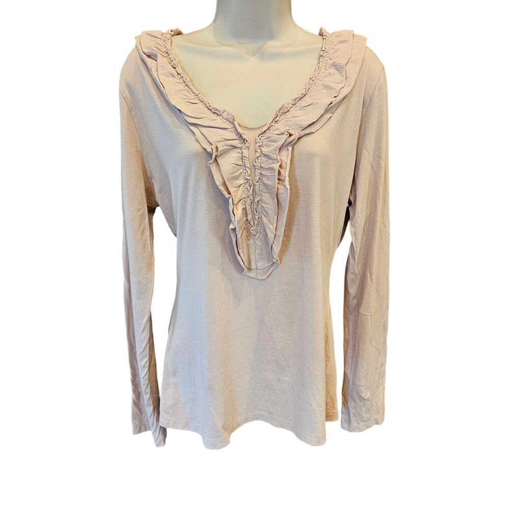 Garnet hill L pima cotton ruffle collar neutral long sleeve lightweight top